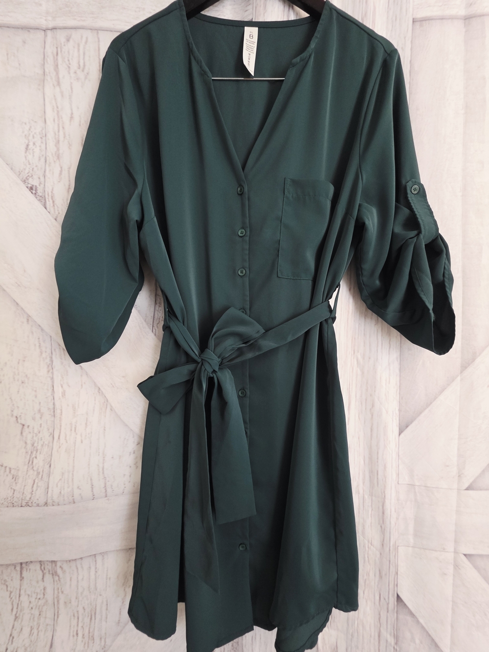 Blooming Jelly Hunter Green Button Front Shirt Dress XL Tie Waist Roll Sleeve